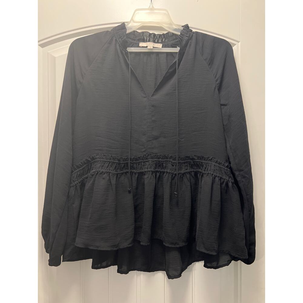 Loft Women’s Long Sleeve Puff Solid V-Neck Casual Loose Ruffle Top Size S Black